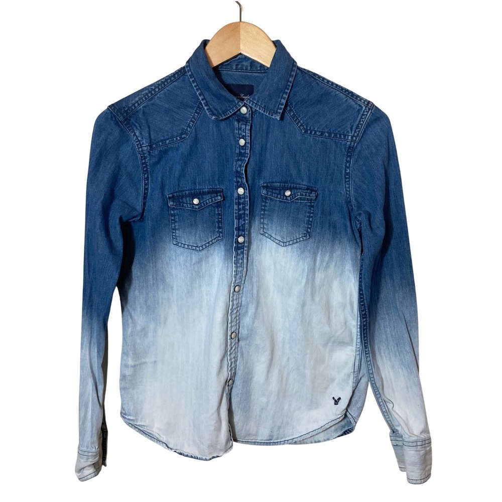American Eagle Ombre Denim Western Shirt Blue White Snap Front Women S Cowgirl